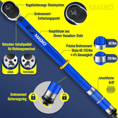 MASKO® Drehmomentschlüssel (6-teilig): 40-210Nm 1/2' CV inkl. 3 Stecknüsse + Montagehandschuhe Koffer