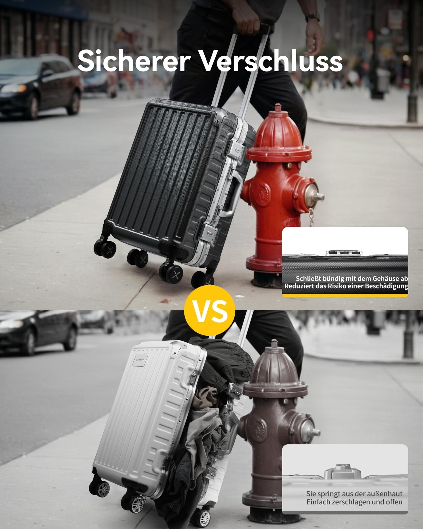LUGGEX Hartschalen Reisekoffer mit Aluminiumrahmen: Größe: M (Schwarz - 65cm - 60 Liter)
