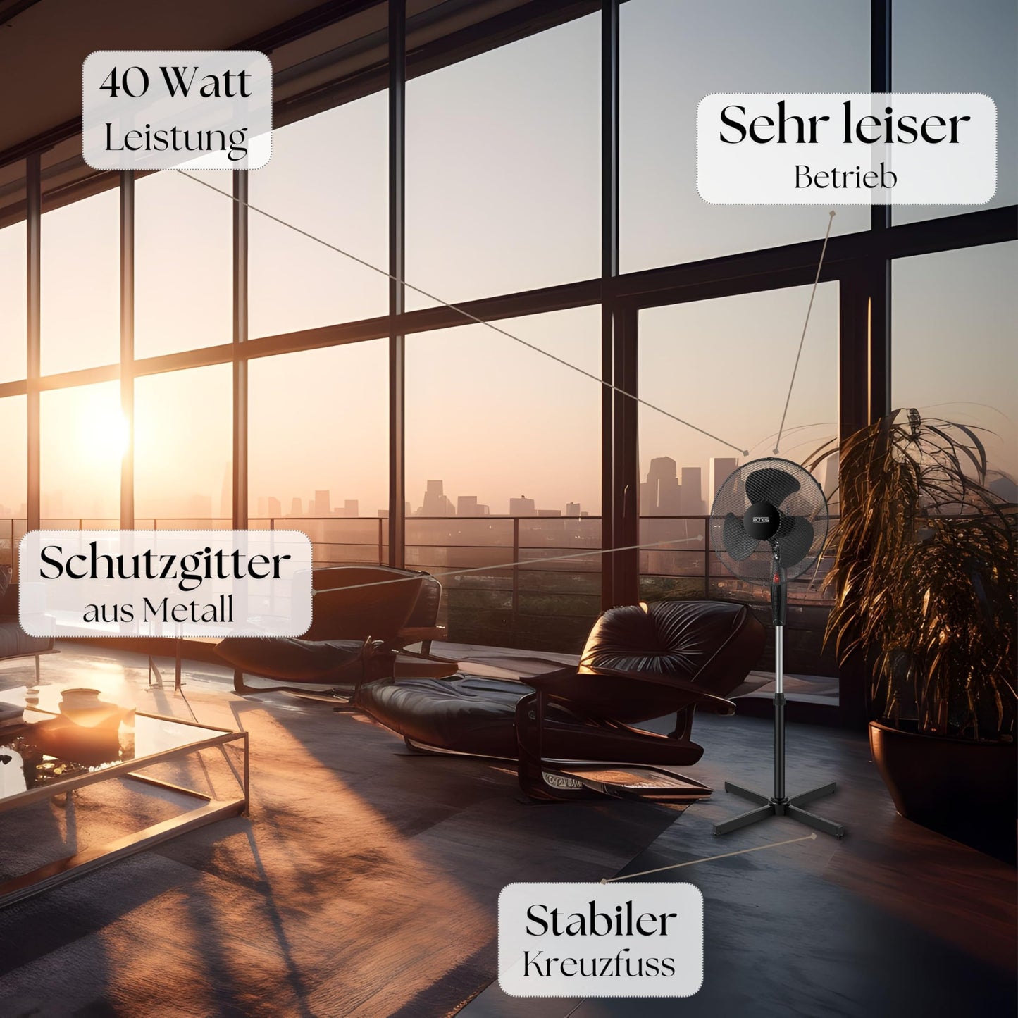 Echos® Standventilator (Ø 43cm): Sehr leise, Energiesparend, 3 Stufen, Oszillation