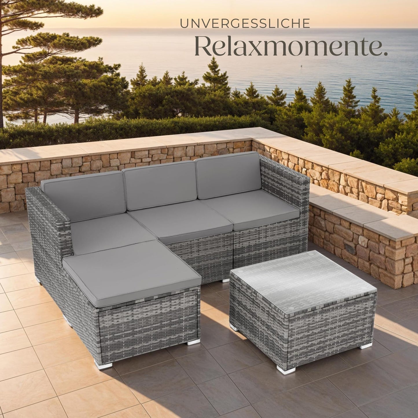 tectake® Poly Rattan Lounge-Sitzgruppe mit Sofa, Sessel, Hocker und Tisch: Wetterfest