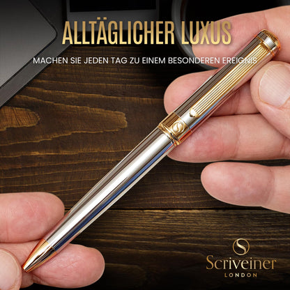 Scriveiner Kugelschreiber Hochwertiger Design Kugelschreiber in Silber mit Echtvergoldung, schwarze Schmidt Ersatzmine, Geschenkbok, Büro set, Professionelle Kugelschreiber