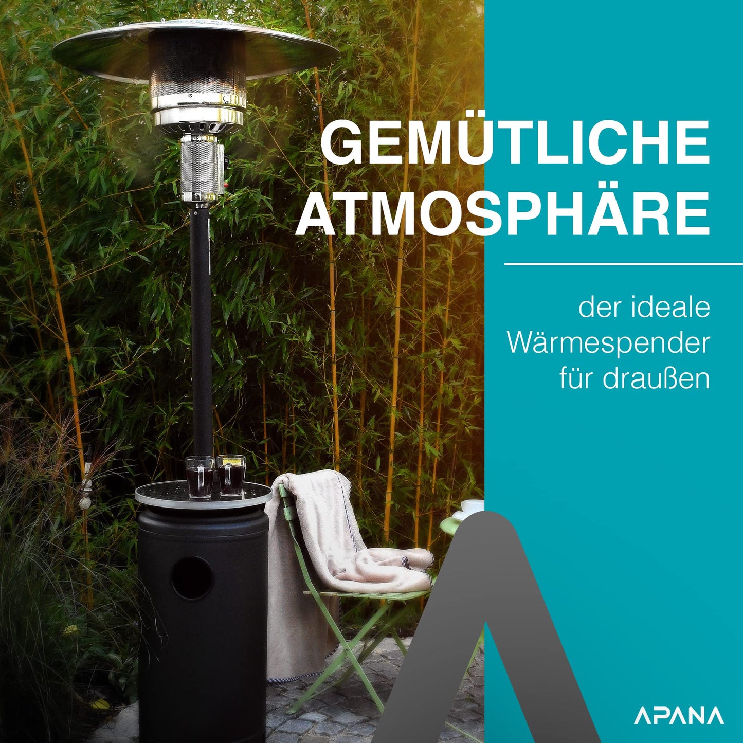 APANA 'Bellamente ONE' Gasheizstrahler (14kW) für Garten mit Transportrollen & Abschaltautomatik