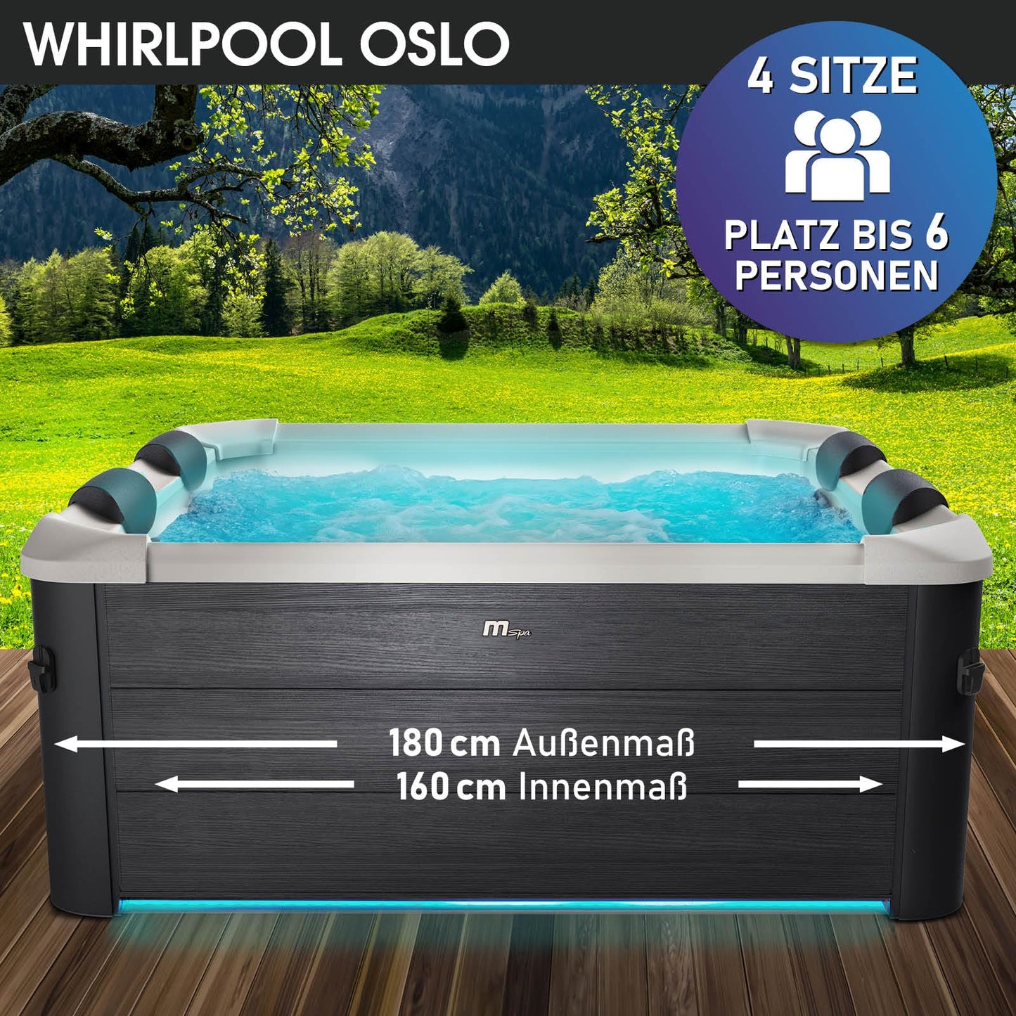 BRAST® Whirlpool MSpa Oslo Plus XXL mit Fester Außenwand & LED-Beleuchtung