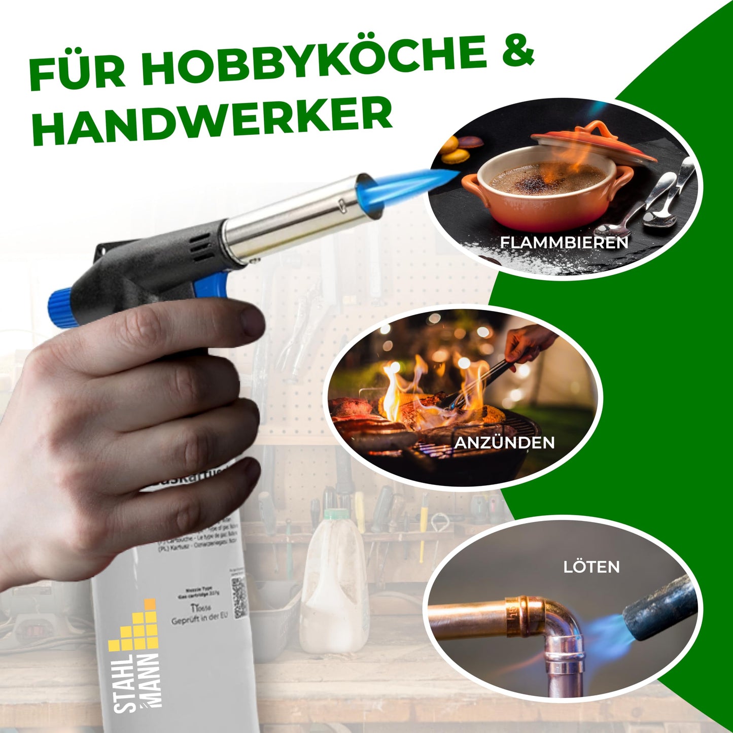 STAHLMANN® Gasbrenner mit Kartusche (8x227g): Flambierbrenner max. 1300°C Temperatur