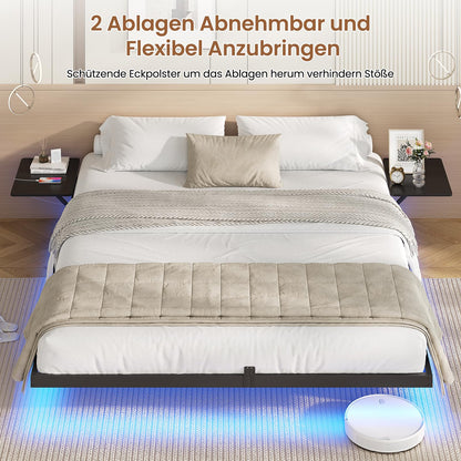 Metal bed frame (180x200cm) with LED lighting and charging station &amp; slatted frame | Without mattress