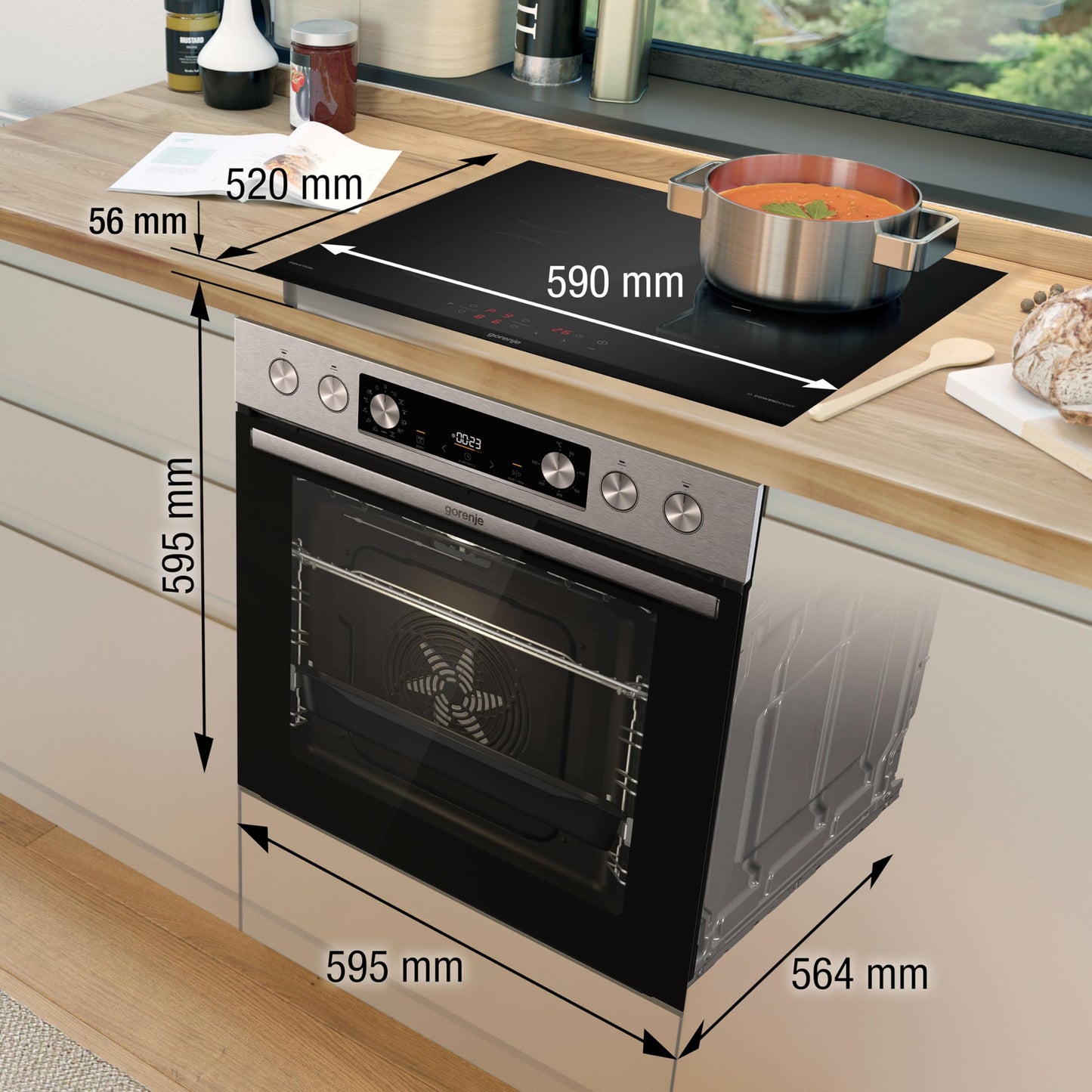 Gorenje Heißluft-Einbauherd-Set Inox (77L BigSpace): Glaskeramikkochfeld, AquaClea, PizzaMode, AirFry