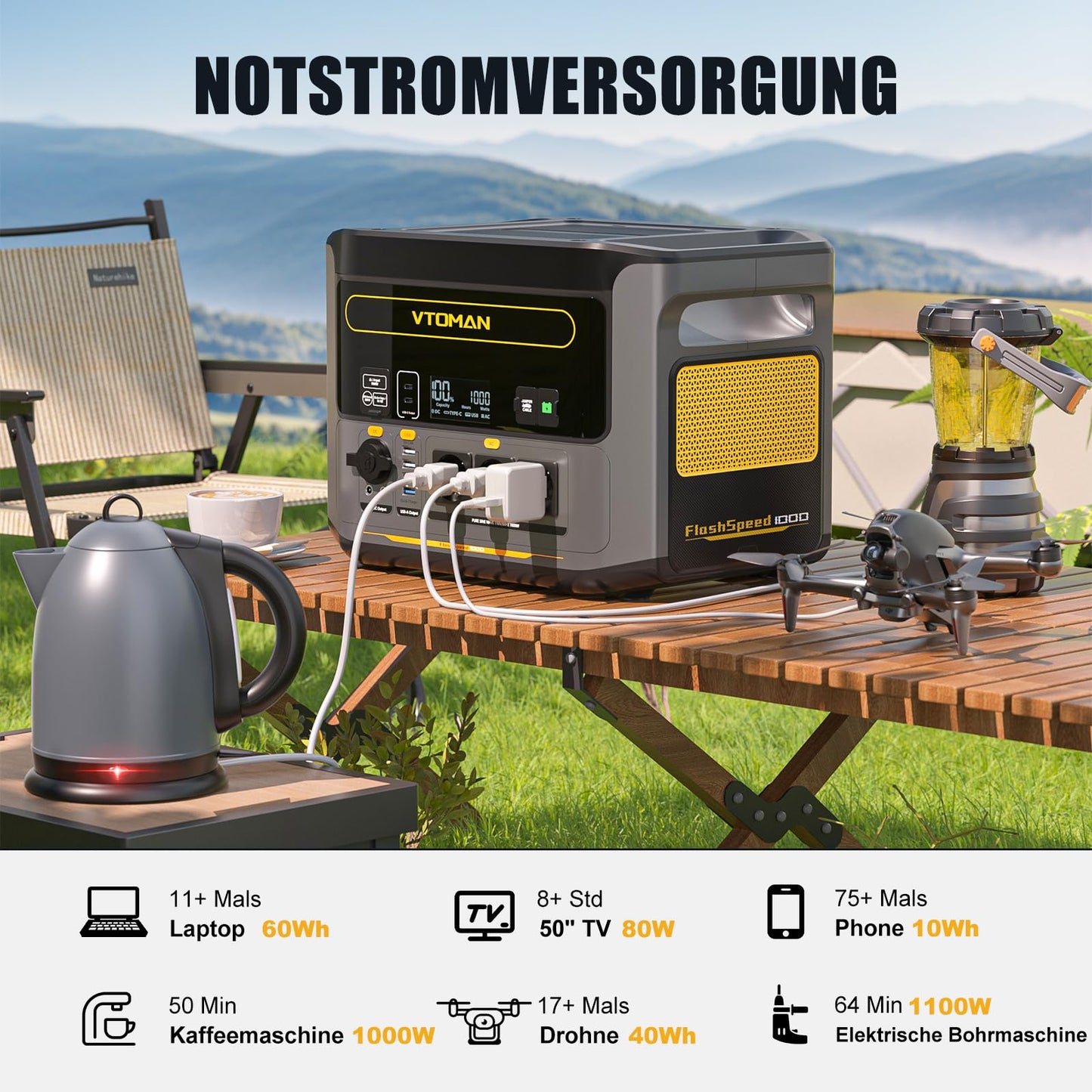 VTOMAN FlashSpeed 1000 Powerstation (2376Wh) Complete Set: 1h Fast Charging for Camping, Motorhome
