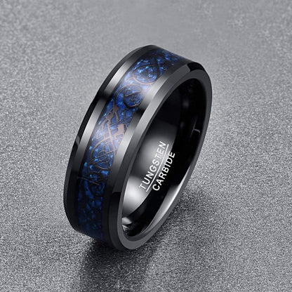 Schwarzer Wolfram-Ring mit keltischen Drachen für Männer: Blau Kohlefaser Poliert (8mm)