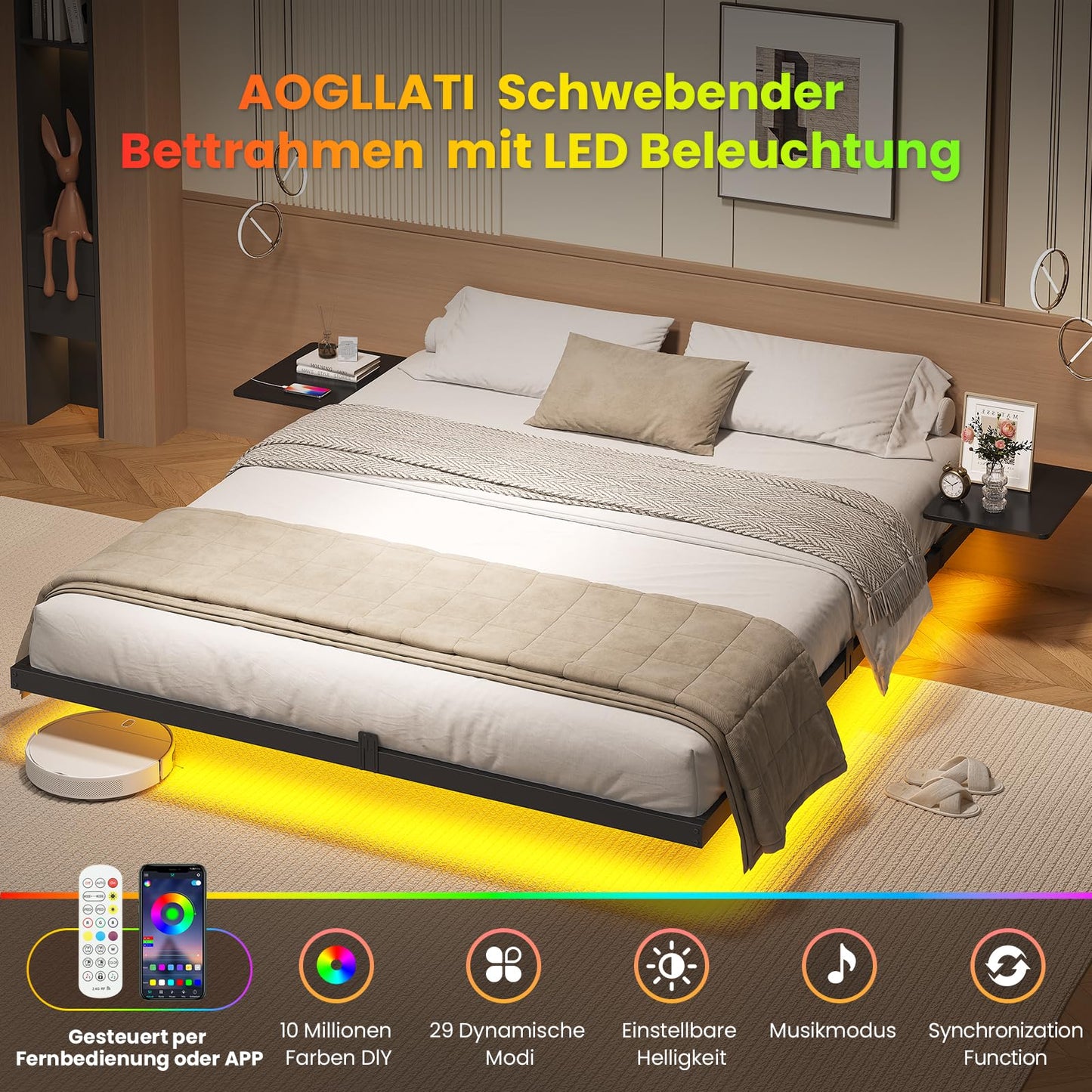 Metal bed frame (180x200cm) with LED lighting and charging station &amp; slatted frame | Without mattress