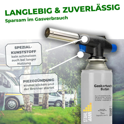 STAHLMANN® Gasbrenner mit Kartusche (8x227g): Flambierbrenner max. 1300°C Temperatur