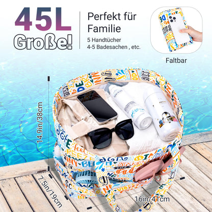 Große XXL Damen Strand- Badetasche mit Reißverschluss: Beach Bag, Leicht & Faltbar
