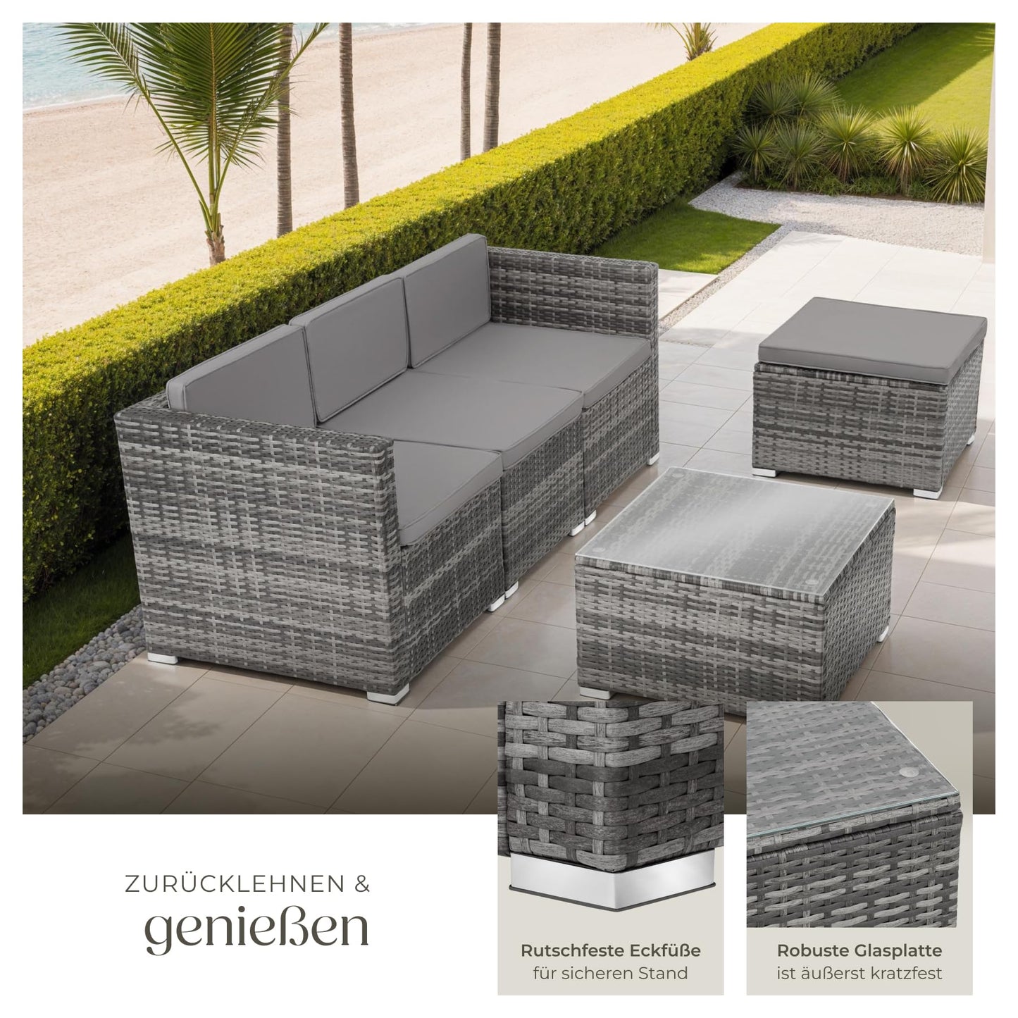 tectake® Poly Rattan Lounge-Sitzgruppe mit Sofa, Sessel, Hocker und Tisch: Wetterfest