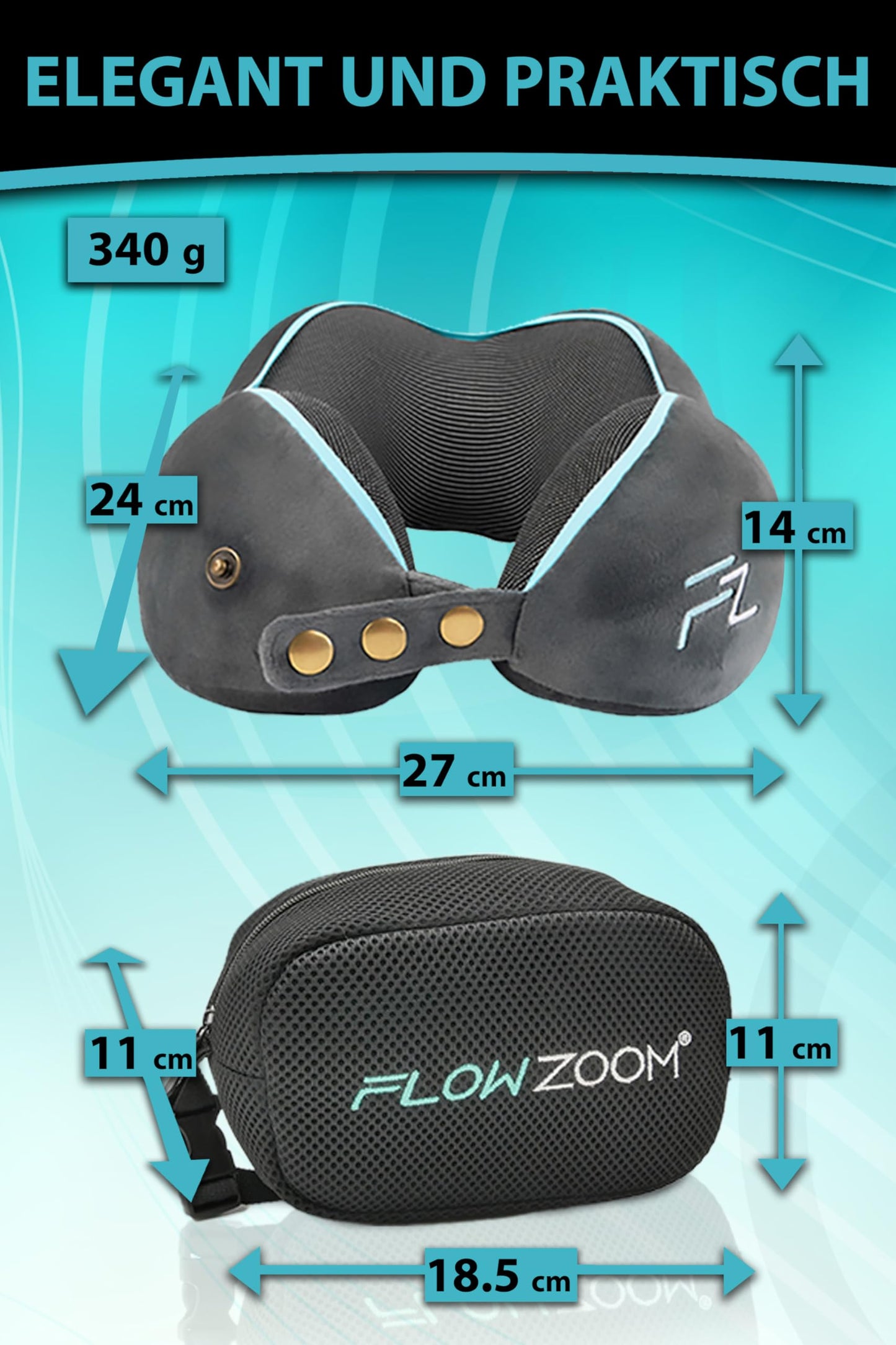 FLOWZOOM Neck Pillow for Airplane &amp; Car | Adjustable Memory Foam with Flexible Snap Fasteners
