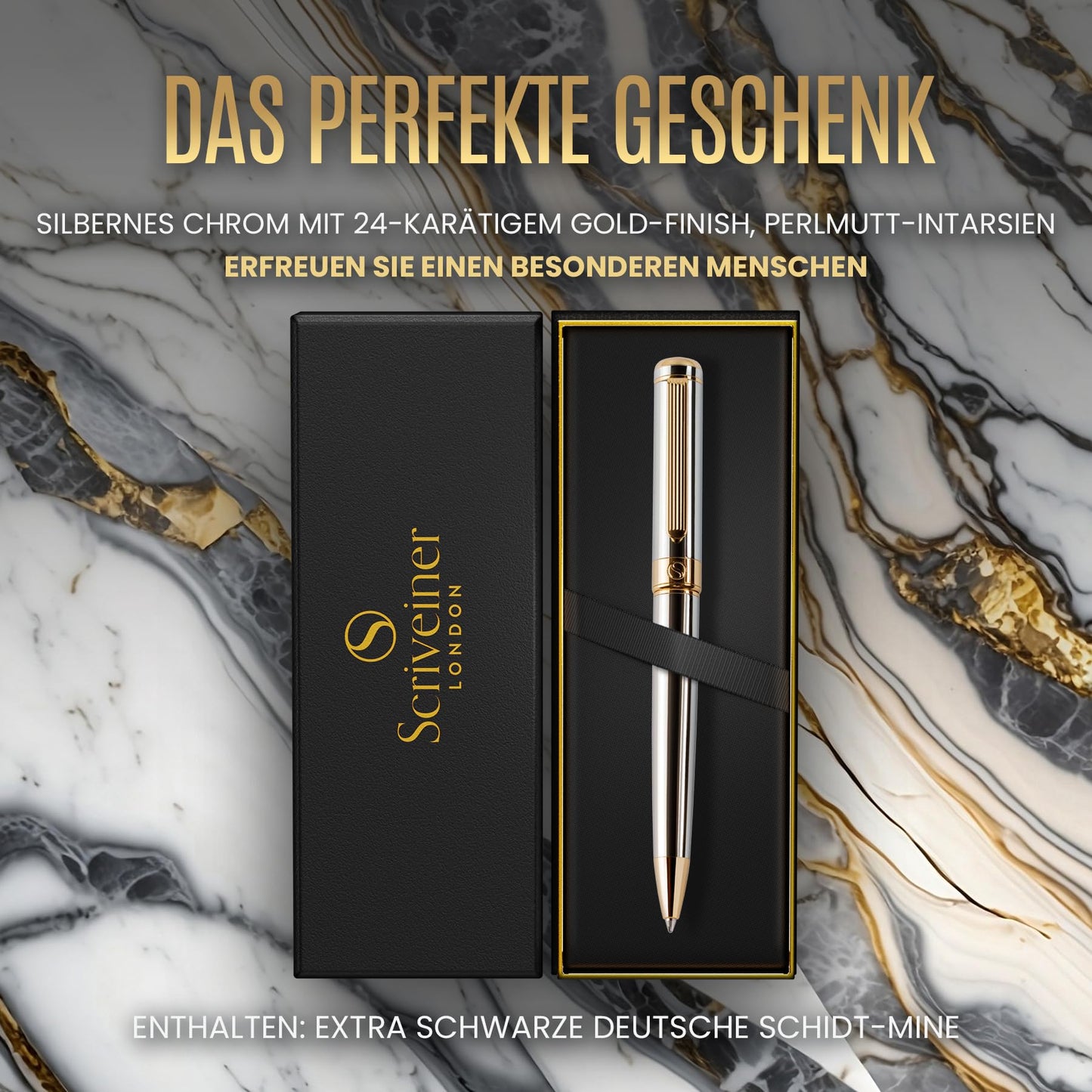 Scriveiner Kugelschreiber Hochwertiger Design Kugelschreiber in Silber mit Echtvergoldung, schwarze Schmidt Ersatzmine, Geschenkbok, Büro set, Professionelle Kugelschreiber