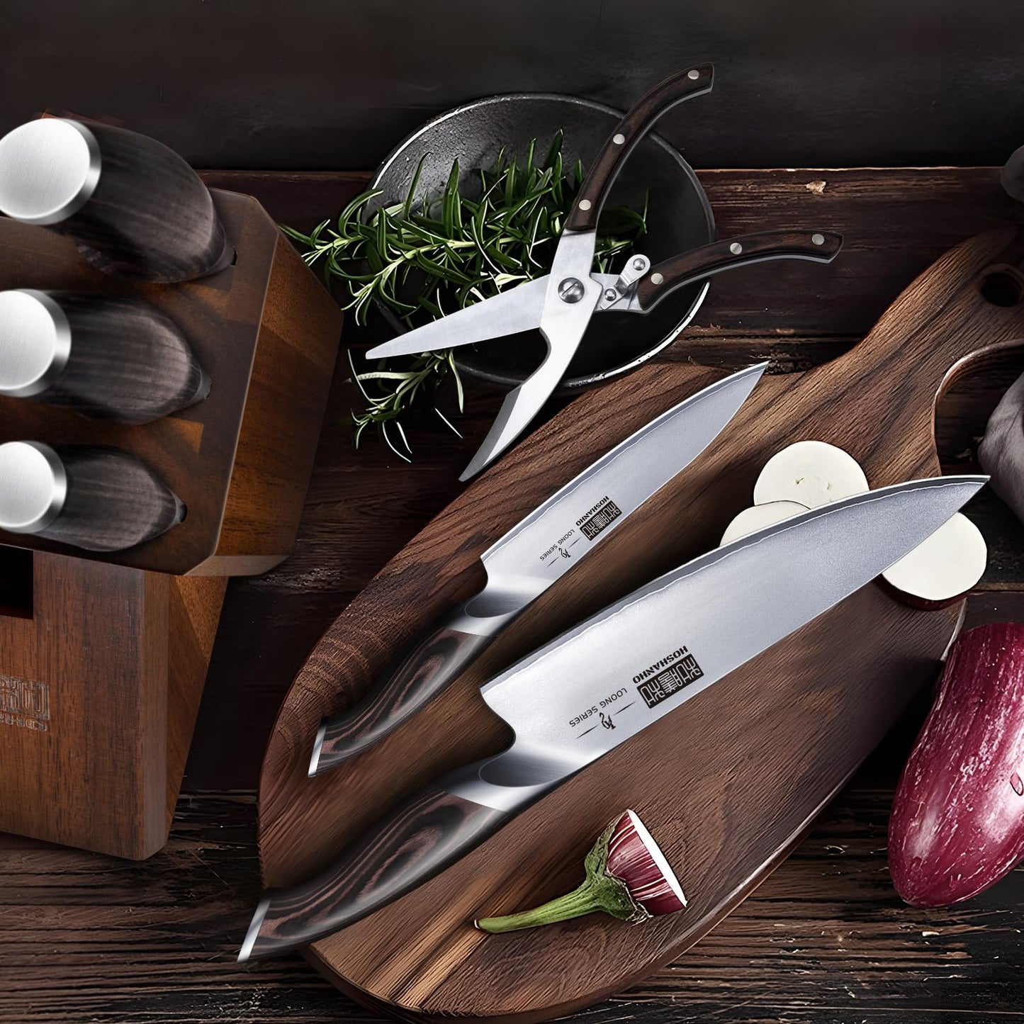 HOSHANHO Profi Messerblock-Set mit Holzblock (8-teilig) aus japanischer Stahl