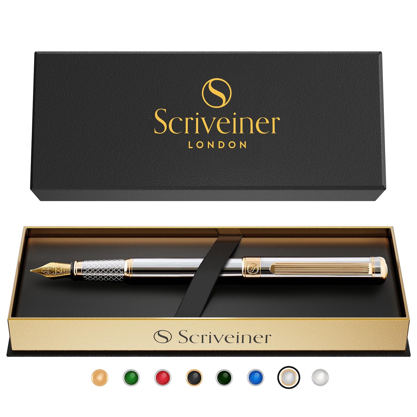 Scriveiner Silber Füllfederhalter Füller Edel mit Echtgold-Finish, Schmidt vergoldete Feder (mittel), Bestes Geschenk für Herren und Damen, Manager, Führungskräfte (Silber Chrom)
