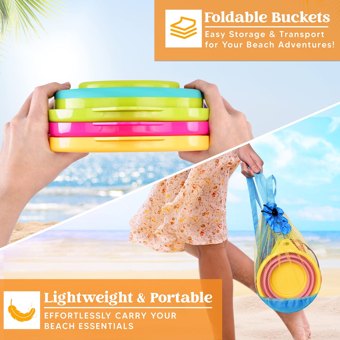 JOYIN Foldable Beach Bucket Set: Foldable Sand Toys with Mesh Backpack for Kids
