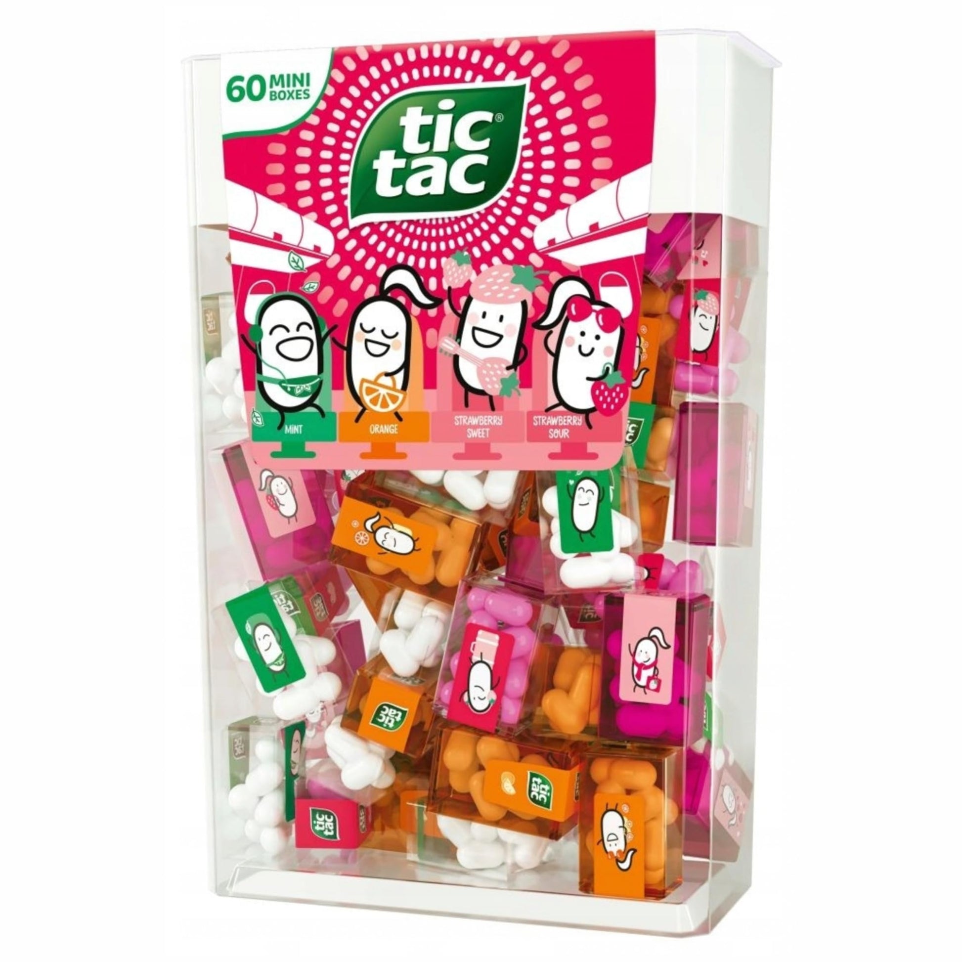 Kleiner Genuss, große Vielfalt – die Tic Tac Strawberry Edition im Mini-Mix bietet dir 60 handliche Schachteln à 3,8 g in vier leckeren Sorten. Perfekt zum Teilen, für unterwegs oder als süße Aufmerksamkeit – ideal auch zu Halloween oder anderen Anlässen.

Eigenschaften:

Gesamtinhalt: 228 g, aufgeteilt in 60 Mini-Schachteln (à 3,8 g)

Sortenvielfalt: 15x Erdbeer-Süß, 15x Erdbeer-Sauer, 15x Orange, 15x Minze

Ideal zum Verteilen – für Partys, unterwegs oder als Mitgebsel

Kompakt & praktisch: Einzeln verpac