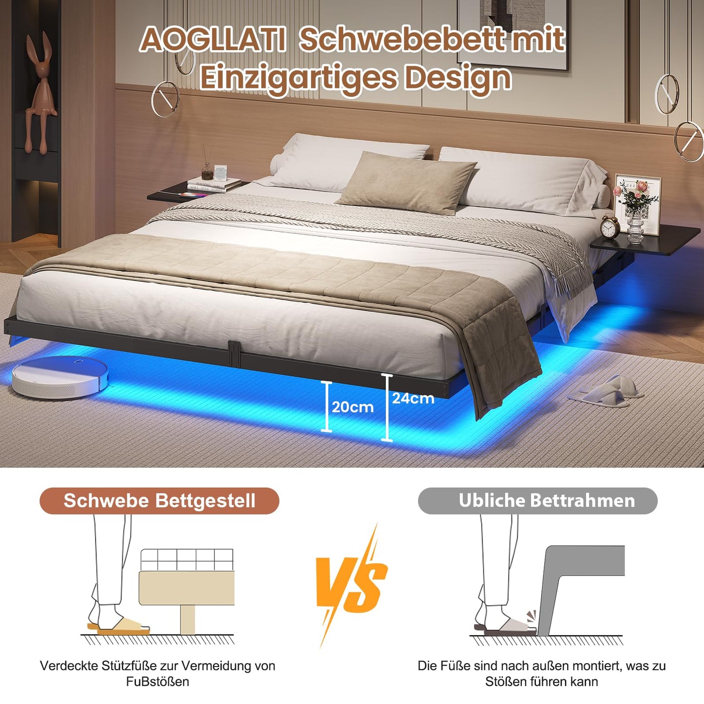 Metal bed frame (180x200cm) with LED lighting and charging station &amp; slatted frame | Without mattress