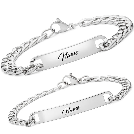 Personalisiertes Edelstahl-Armband für Herren mit Wunschgravur (2 Stück): Silber, Schwarz