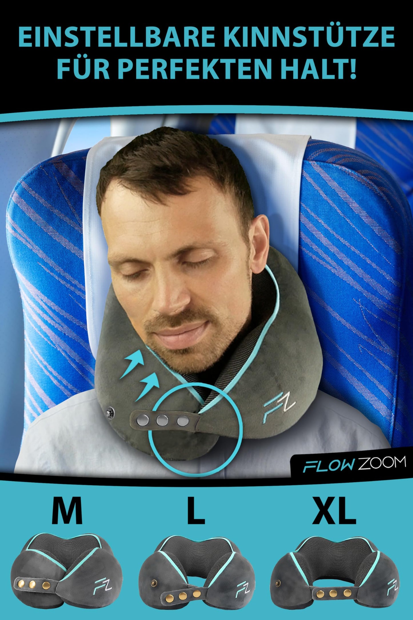 FLOWZOOM Neck Pillow for Airplane &amp; Car | Adjustable Memory Foam with Flexible Snap Fasteners