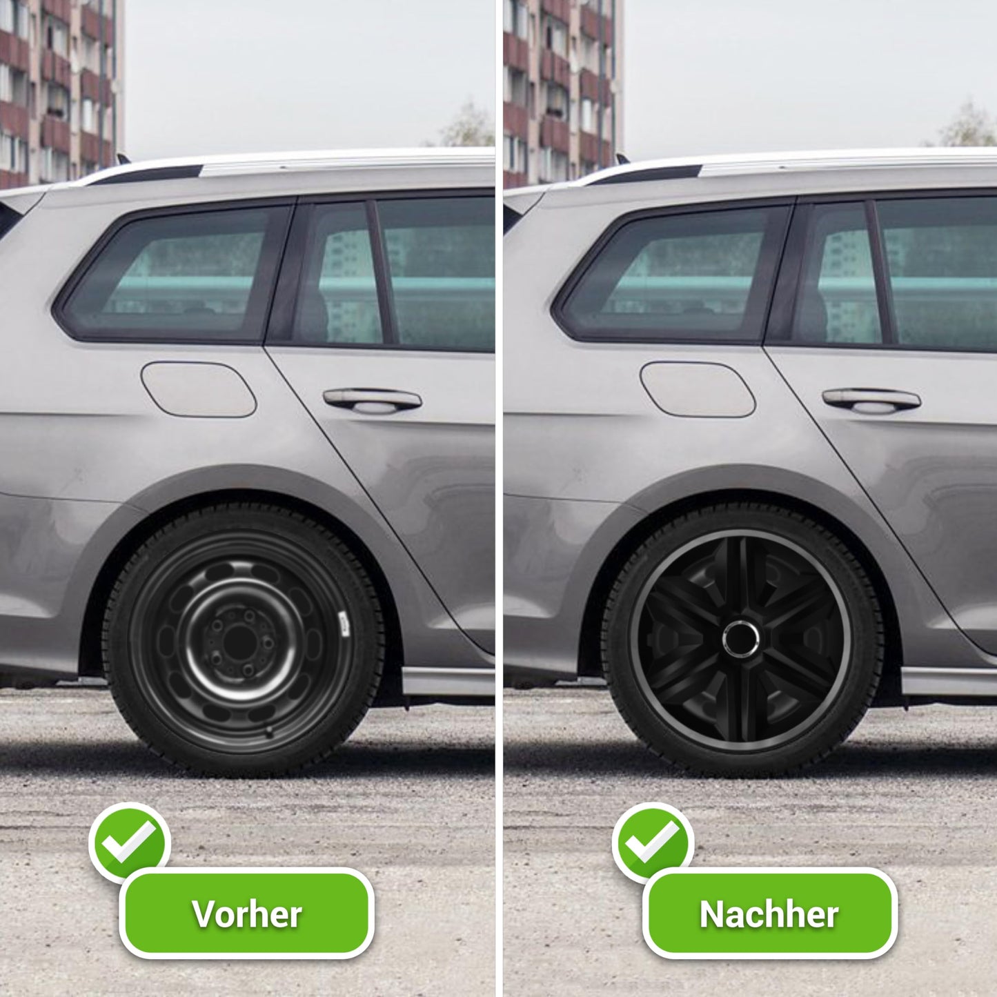 Radkappen (15 Zoll) passend für alle Stahlfelgen (4er Set): Einstellbarer Sicherungsring | Schwarz-Graphit