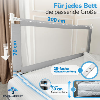 EVOLUCENT Bettgitter (200cm) ohne Verschrauben mit Rausfallschutz für Elternbett: Waschbar