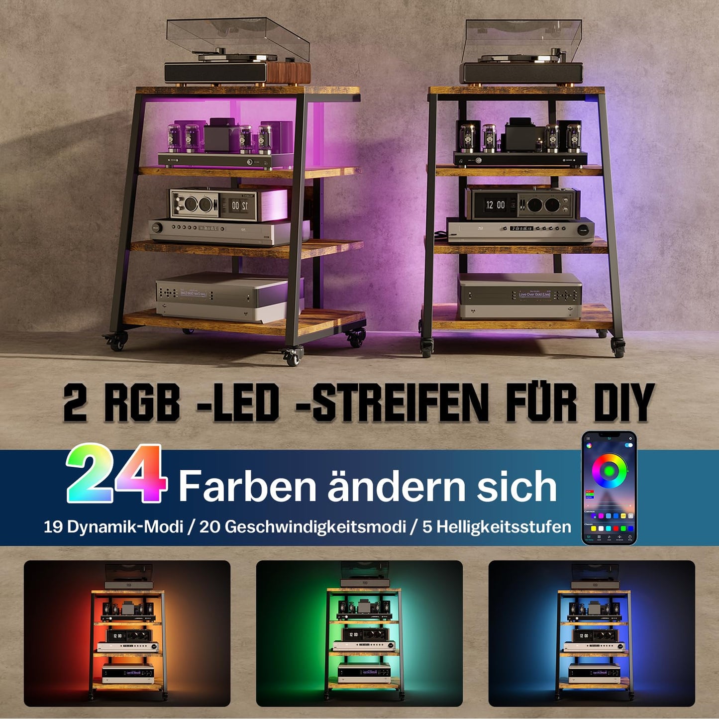 4-stufiger HiFi-Regal mit Rädern, Steckdosenleisten & LED-Leuchten für Stereoanlagen, TV
