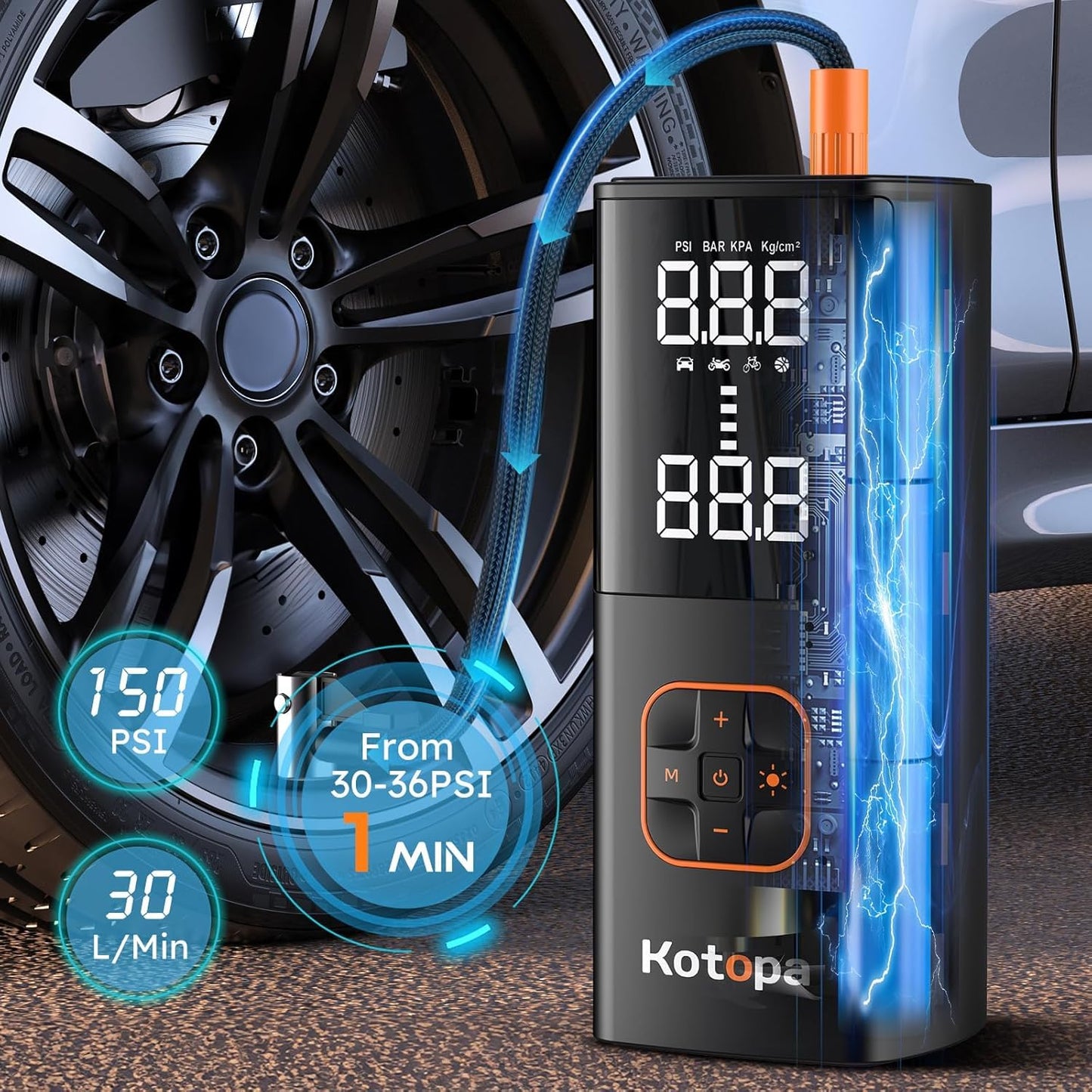 KOTOPA Electric Air Pump (150PSI): Rechargeable Air Compressor with 4 Adapters