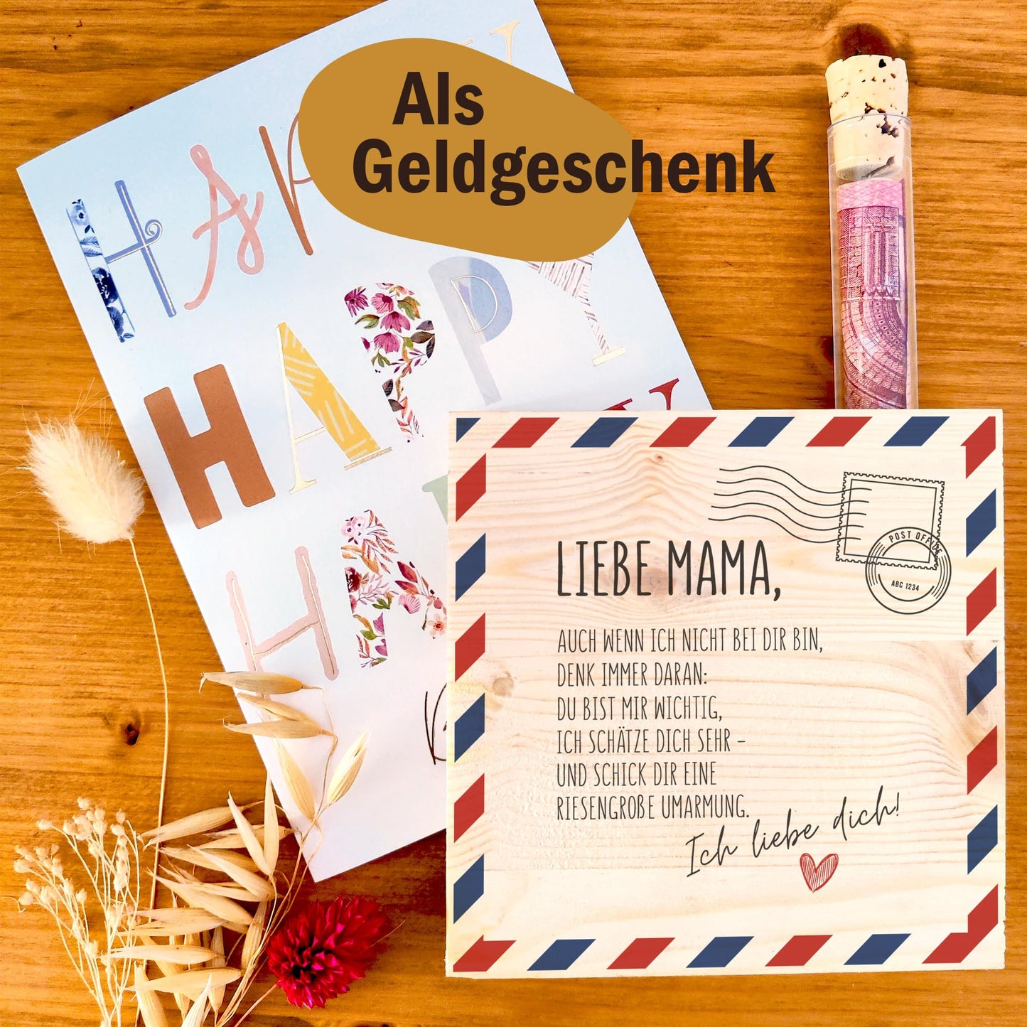 Muttertagsgeschenk 'Brief an Mutter' Holzbild + Reagenzglas zum Hinstellen