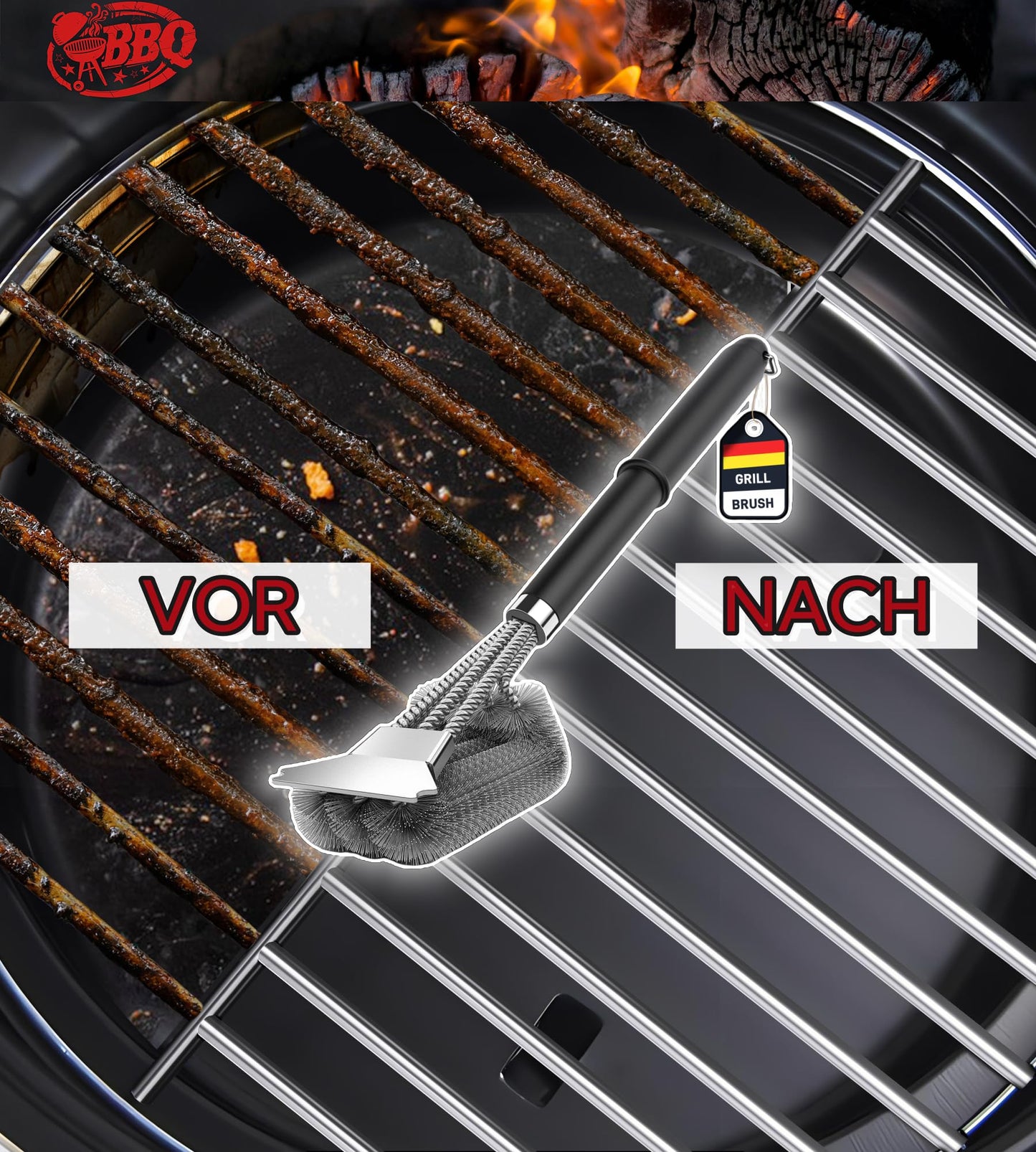 Grill brush, TNTOR grill cleaning brush with extra long stainless steel bristles, stainless steel spatula and PP heat-insulated handle, for gas grill, charcoal grill, kettle grill, electric grill and grill grate.