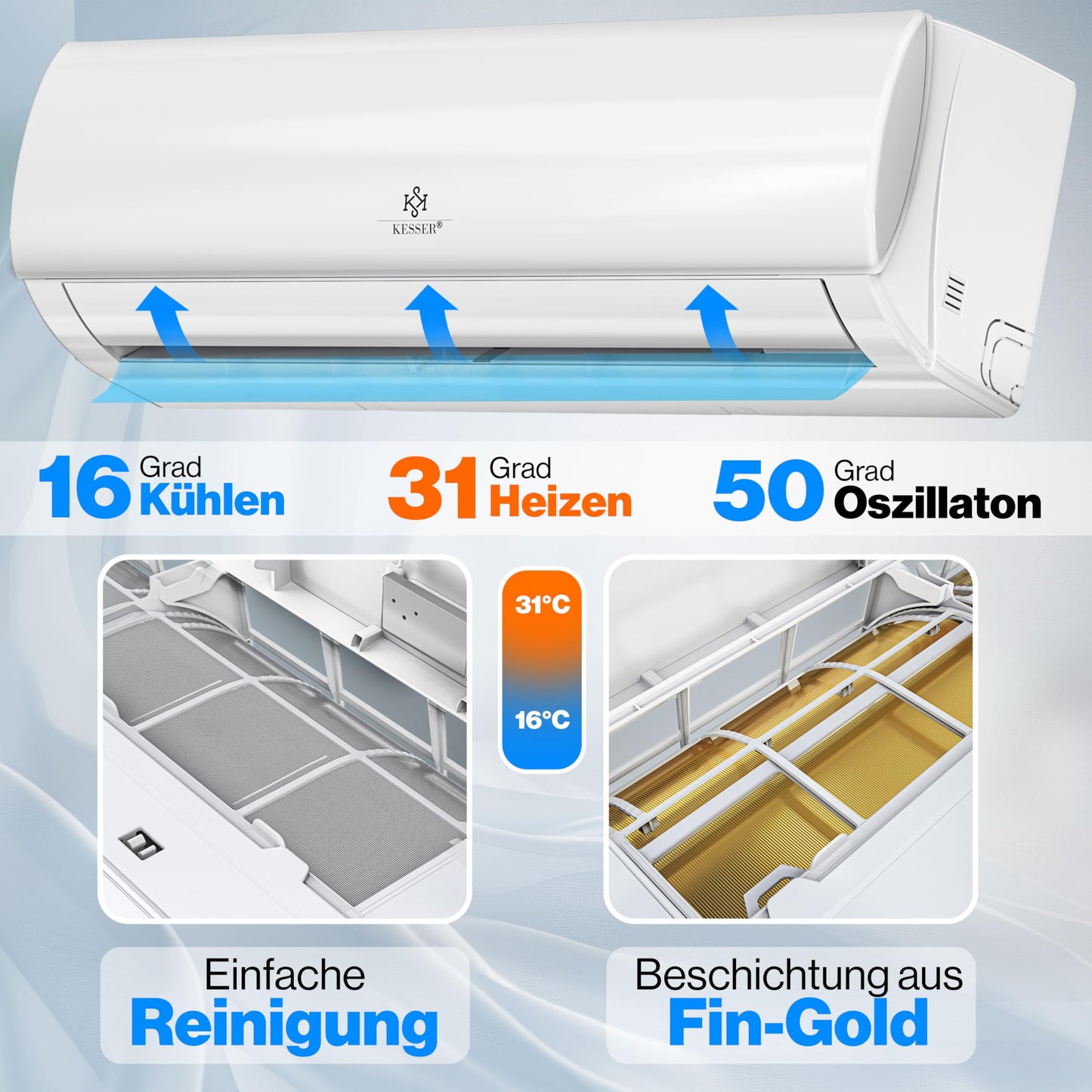 KESSER® 'Quick Connect' Split Klimaanlage-Set mit Heizfunktion: 12000BTU, 3,4kW, WiFi & App