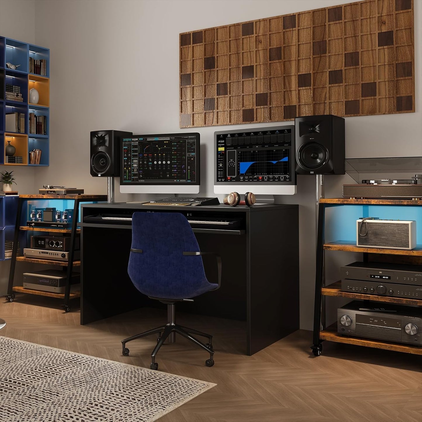 4-stufiger HiFi-Regal mit Rädern, Steckdosenleisten & LED-Leuchten für Stereoanlagen, TV