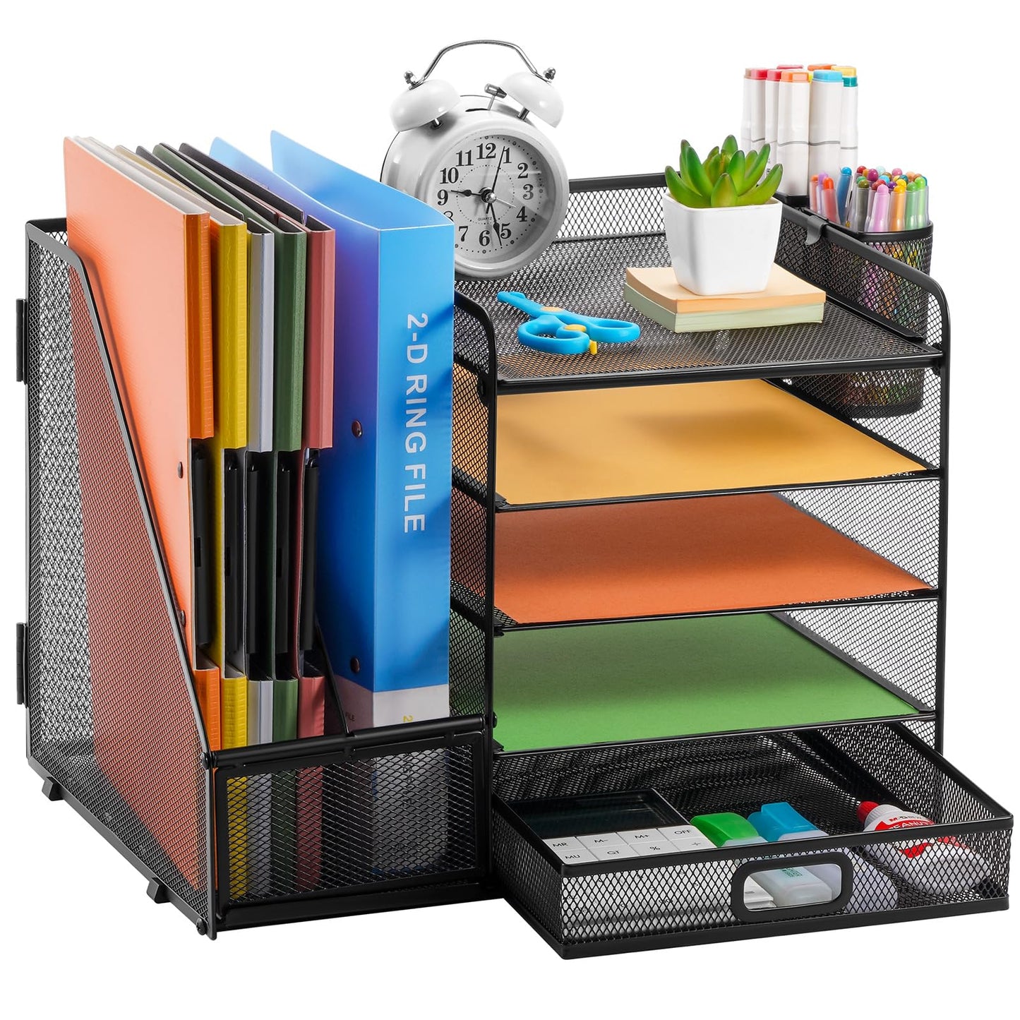 Schreibtisch Organizer mit Aktenhalter: 5-Ablagefächer mit Schublade, 2 Stifthalter (Schwarz)