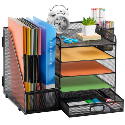 Schreibtisch Organizer mit Aktenhalter: 5-Ablagefächer mit Schublade, 2 Stifthalter (Schwarz)