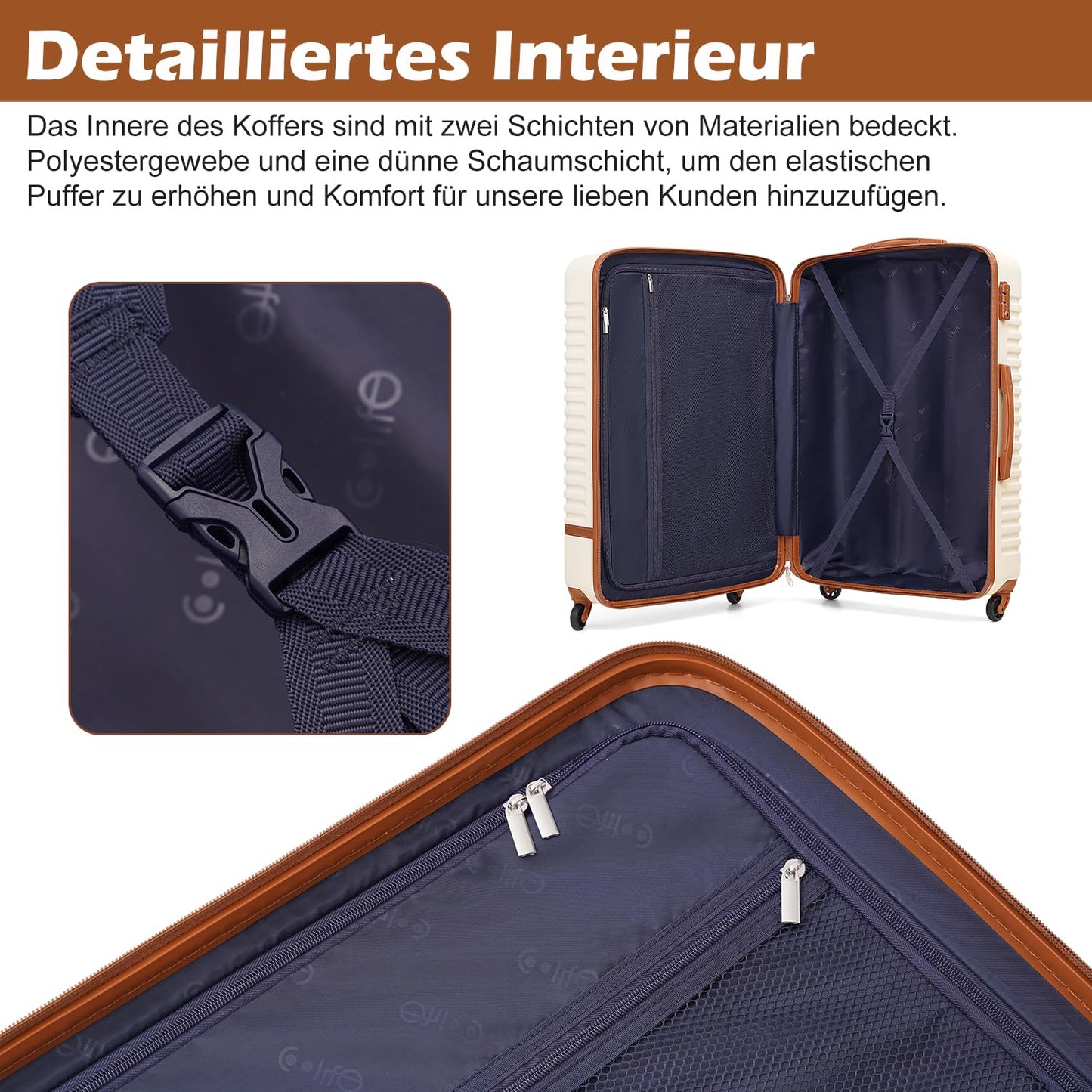 COOLIFE Hartschalen Reisekoffer-Set (5-teilig): ABS, 4 Rollen, TSA-Schloss | Weißbraun