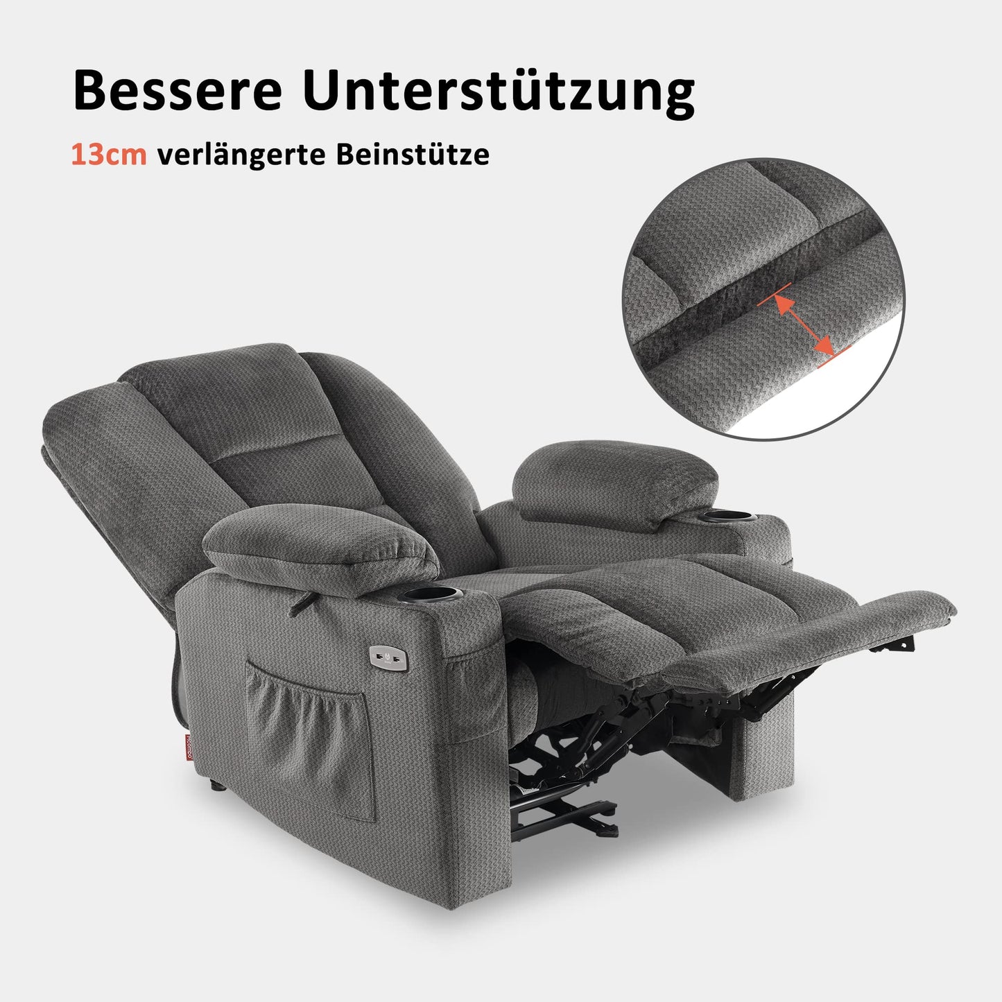 M MCombo TV recliner (7008) with reclining, massage and heat function: Electrically adjustable, USB &amp; cup holder in grey