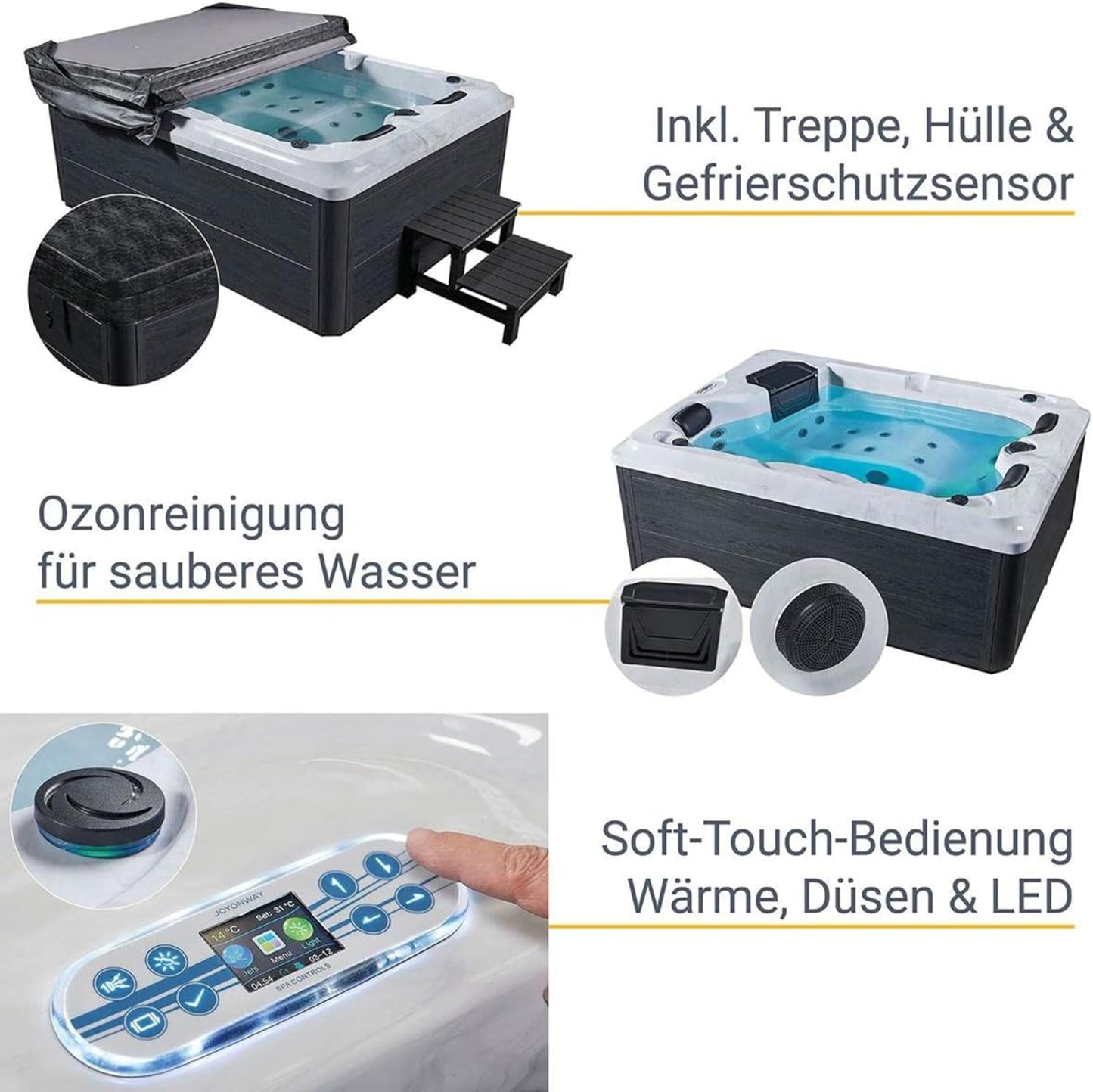 Outdoor whirlpool 'BERLIN' for 3 people including thermal cover &amp; LED: 31 massage jets