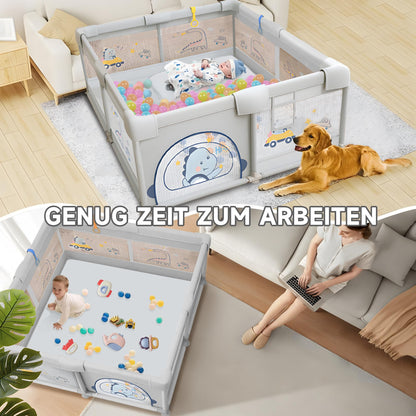 Baby playpen with non-slip floor (200x180cm) including 60 sea balls, 4 handles, playpen, storage bag