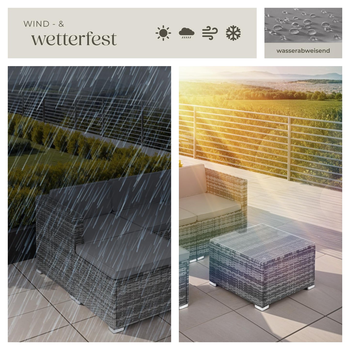 tectake® Poly Rattan Lounge-Sitzgruppe mit Sofa, Sessel, Hocker und Tisch: Wetterfest