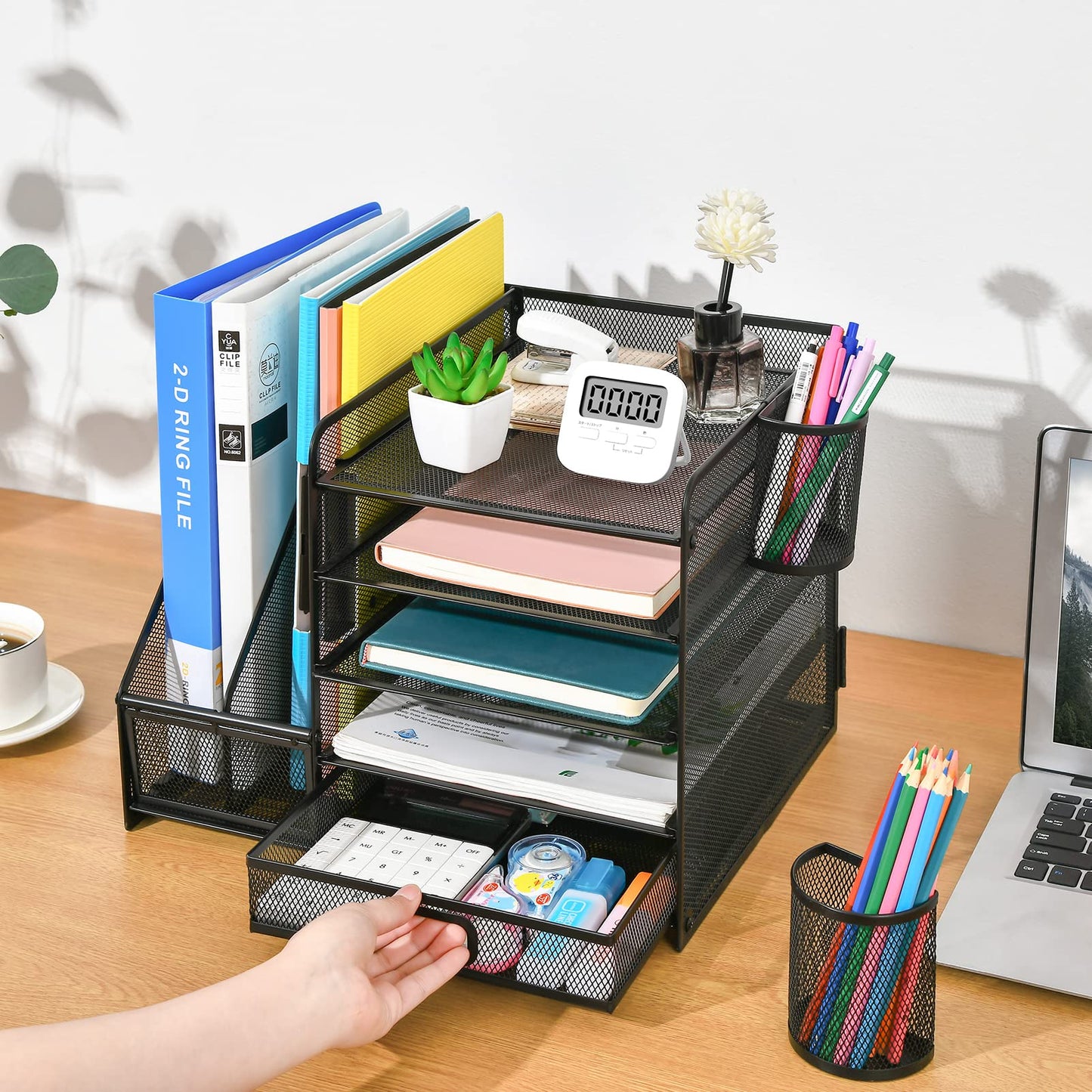 Schreibtisch Organizer mit Aktenhalter: 5-Ablagefächer mit Schublade, 2 Stifthalter (Schwarz)