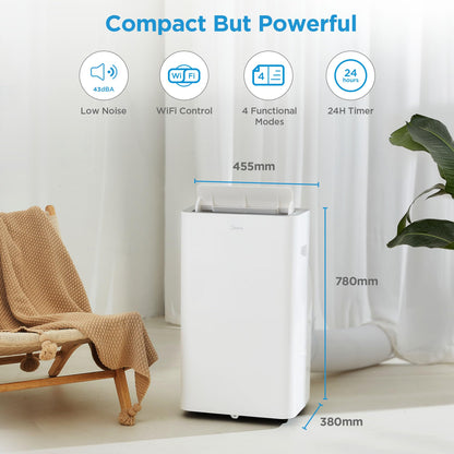 Midea 'Silent Cool 26 Pro WF' Portable Air Conditioner with Exhaust Hose: 9000BTU, 2.6kW | APP Control