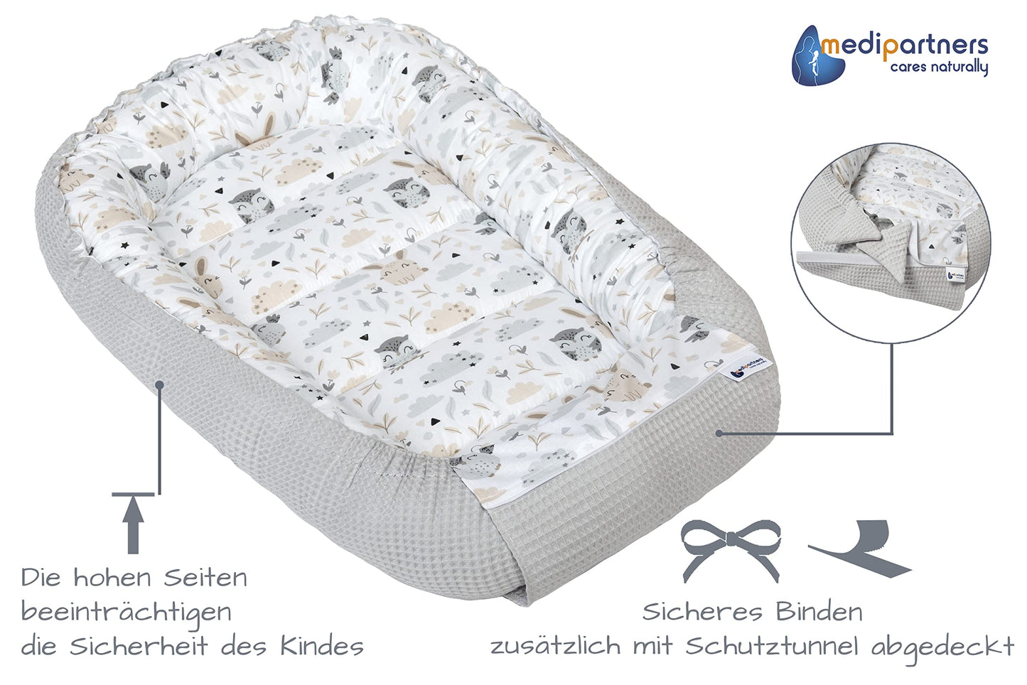 Medi Partners Baby-Nestchen für Neugeborene aus 100% Baumwolle (100x60x15cm): Eulen-Motiv