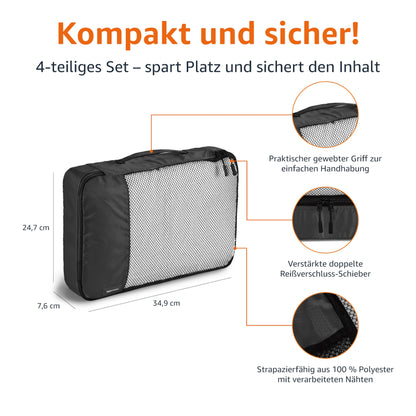 Amazon Basics Packwürfel Set für Koffer, Reise Organizer, Reißverschluss, 4 Stück, 1er-Pack, Mittelgroß, Schwarz