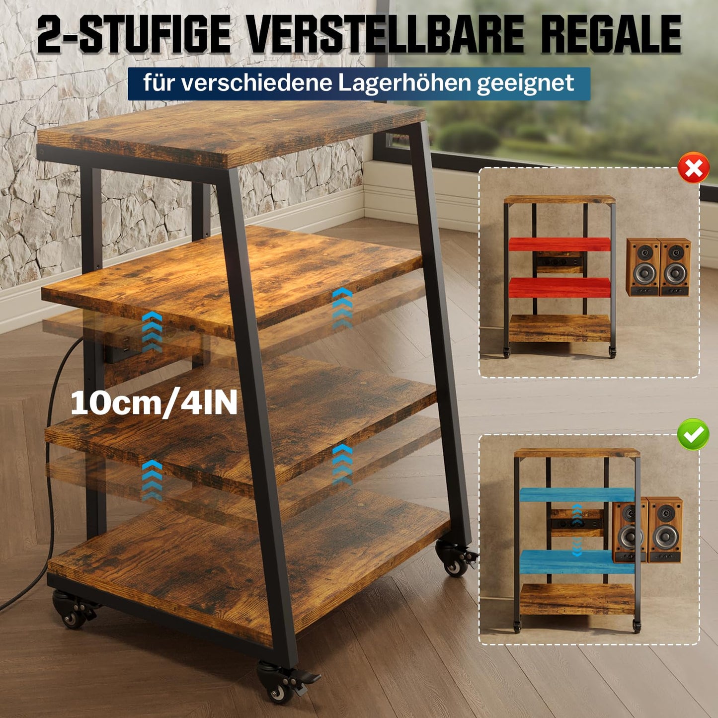 4-stufiger HiFi-Regal mit Rädern, Steckdosenleisten & LED-Leuchten für Stereoanlagen, TV