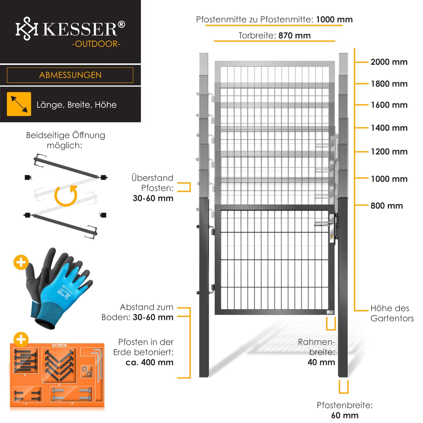 KESSER® Premium Gartentor aus Metall mit verzinktem Stahl inkl. Pfosten, Türklinke, Schlüssel