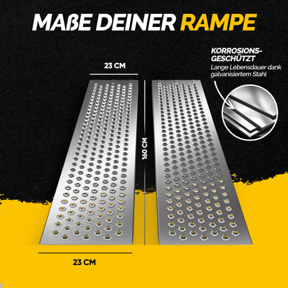 MONZANA® 2x Auffahrrampe: 400kg Tragfähigkeit aus galvanisierter Stahl (160x22,5x4,5cm)