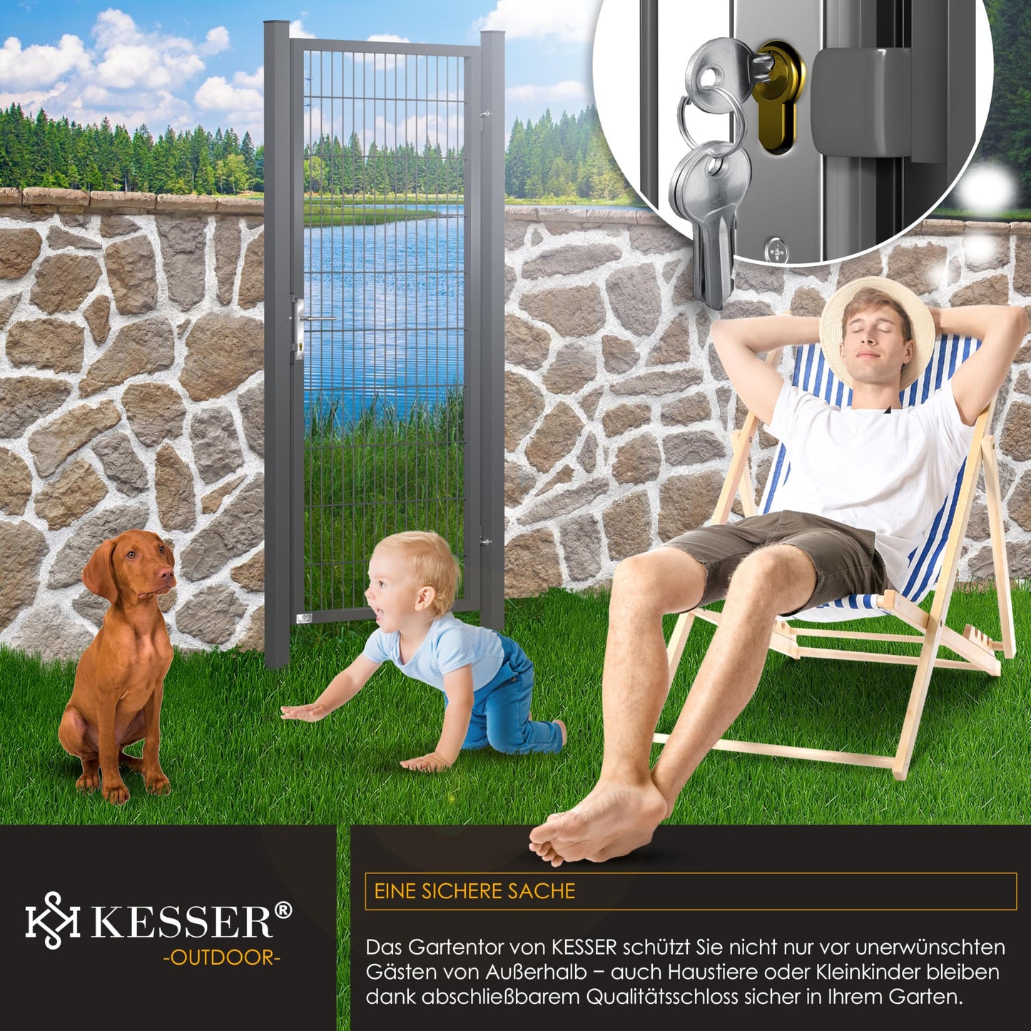 KESSER® Premium Gartentor aus Metall mit verzinktem Stahl inkl. Pfosten, Türklinke, Schlüssel