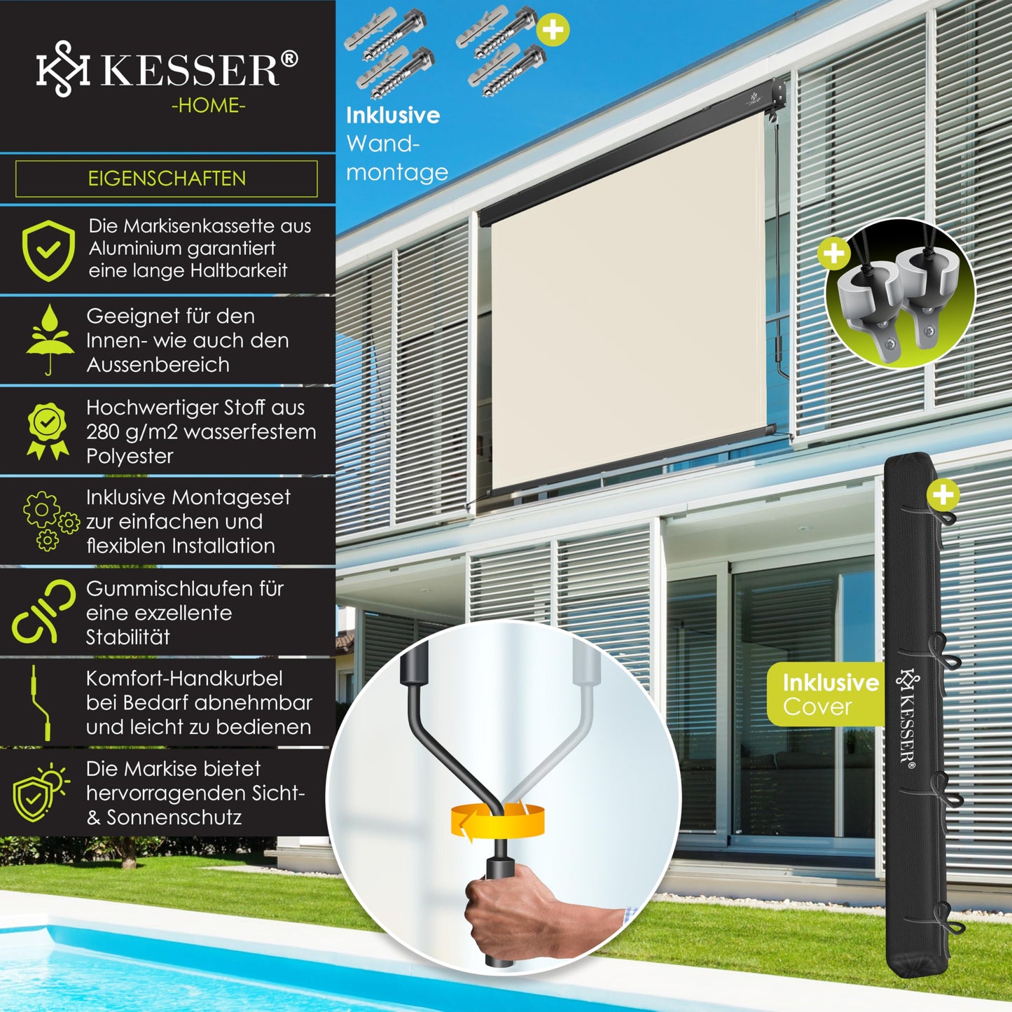 KESSER® Senkrechtmarkise mit Handkurbelmechanismus: Sonnen-und Sichtschutz inkl Montageset & Abdeckung