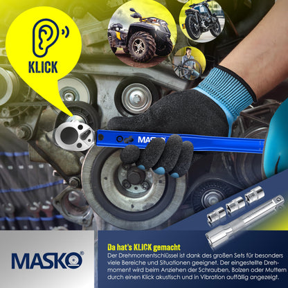 MASKO® Drehmomentschlüssel (6-teilig): 40-210Nm 1/2' CV inkl. 3 Stecknüsse + Montagehandschuhe Koffer
